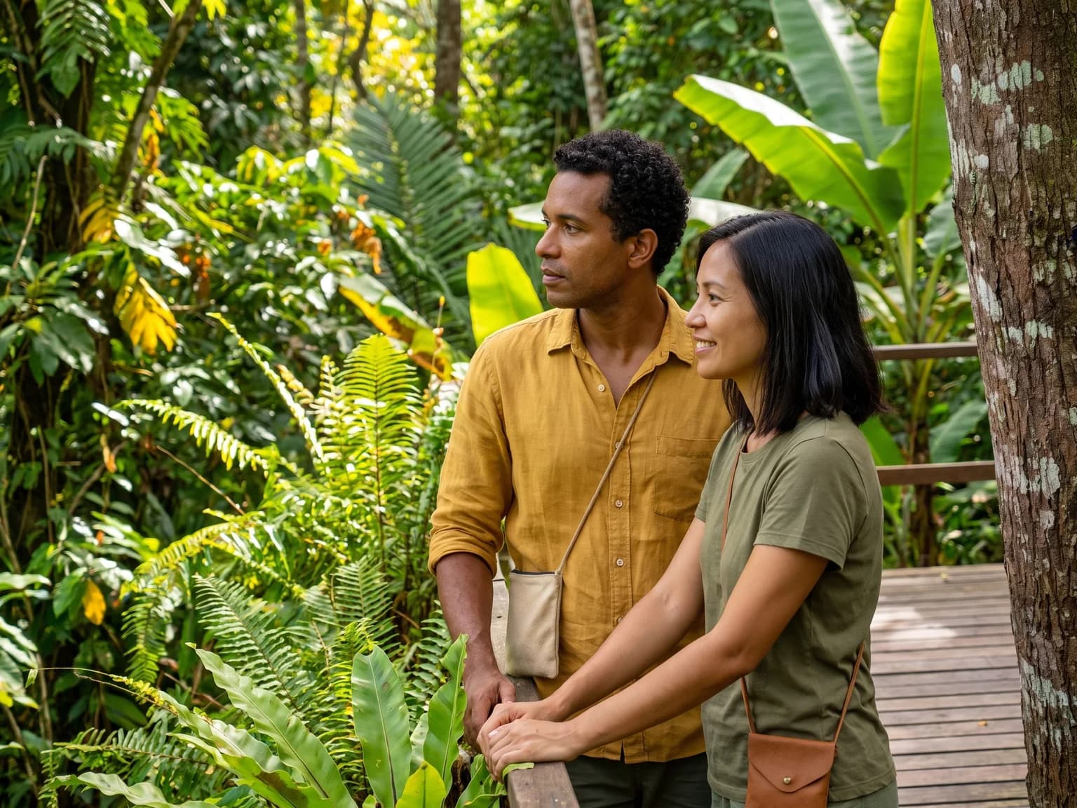 Two fictional visitors considering an outing in a tropical forest setting