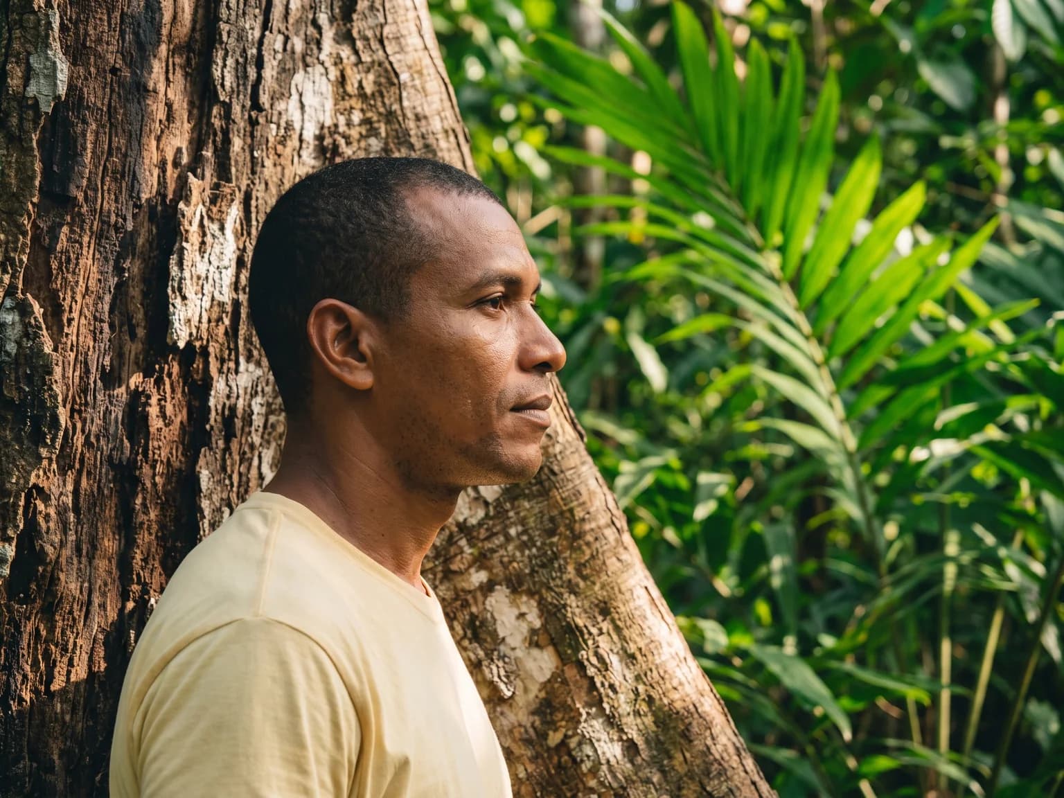 Thoughtful fictional visitor beside a tropical tree
