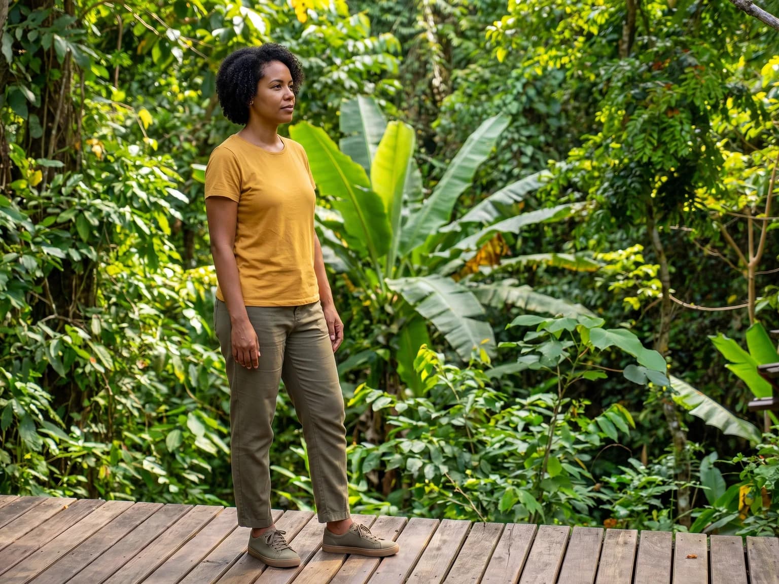 Fictional visitor in lightweight clothes and closed shoes on a wooden deck