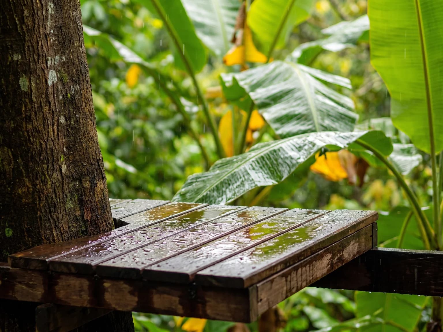 Rain droplets on empty wooden decking beside tropical foliage