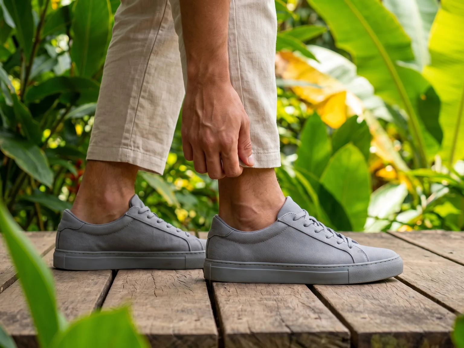 Closed trainers and trouser cuff on wooden decking