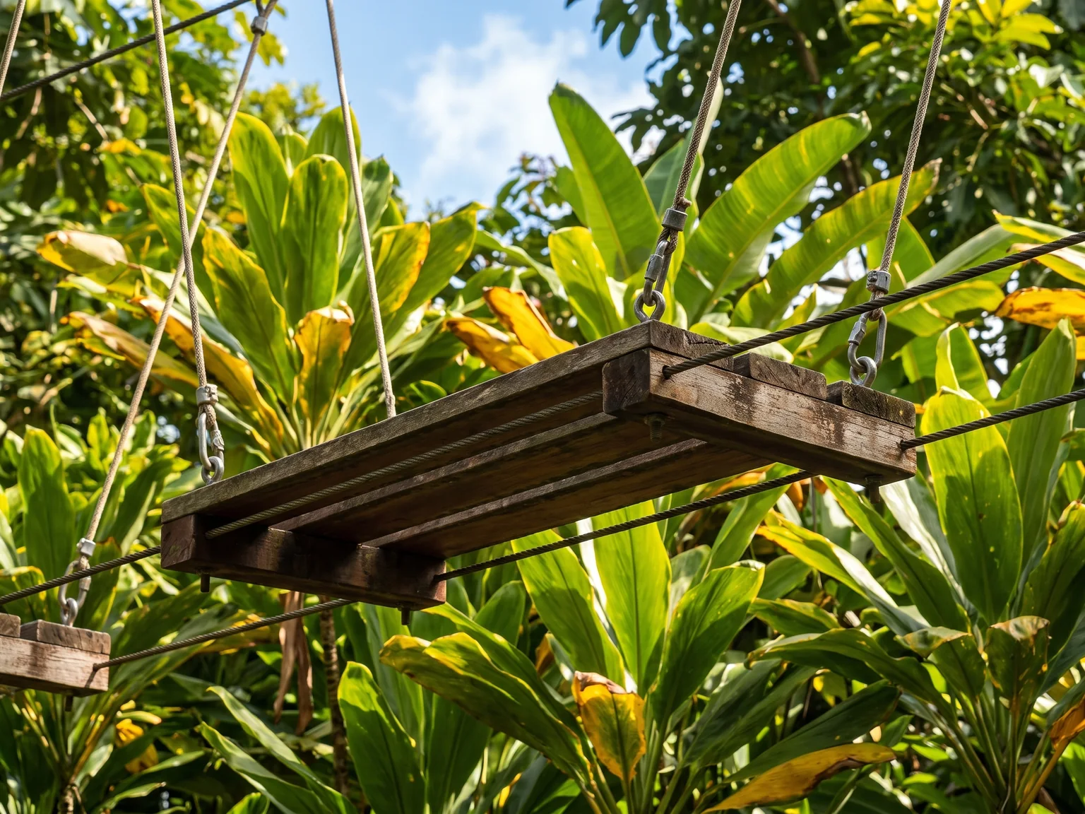 Single empty suspended wooden-step section beneath tropical leaves