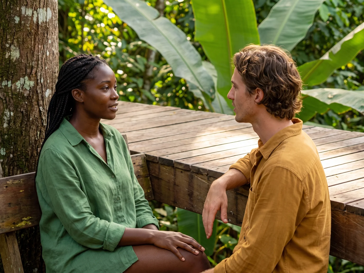 Two fictional friends discussing their preferences in a forest setting