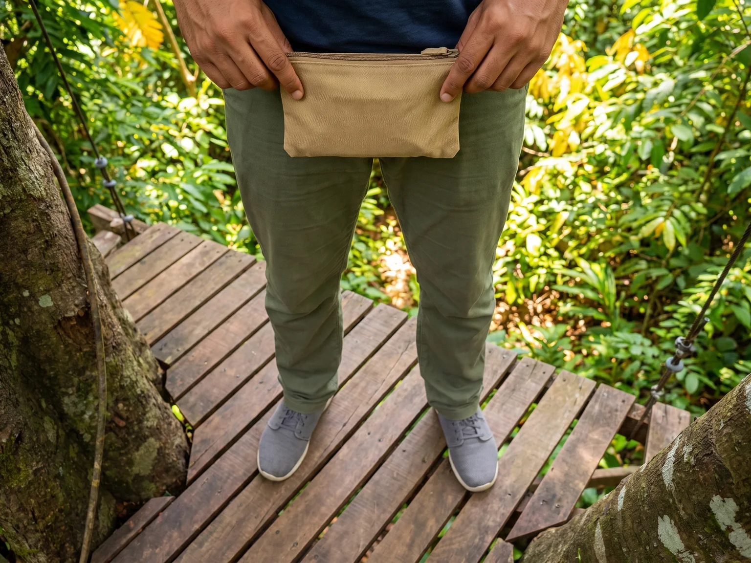 Closed shoes and a compact pouch during forest-visit preparation