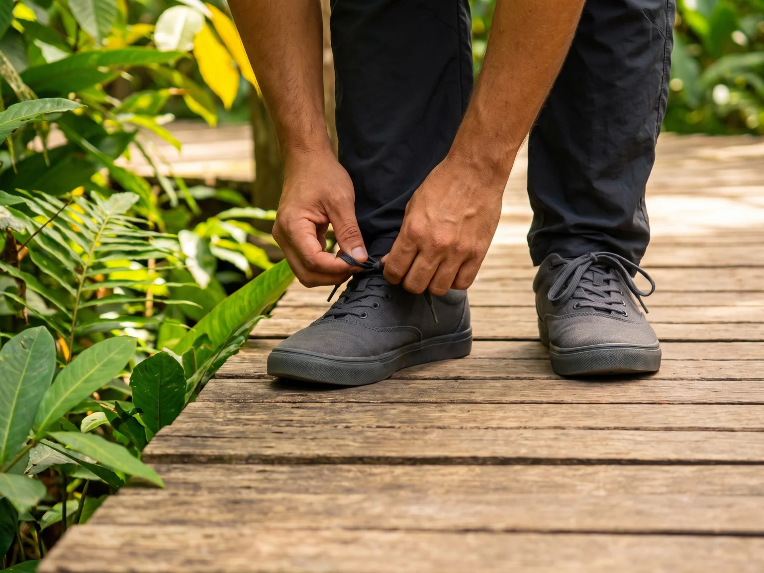 Hands tying a closed trainer on wooden decking