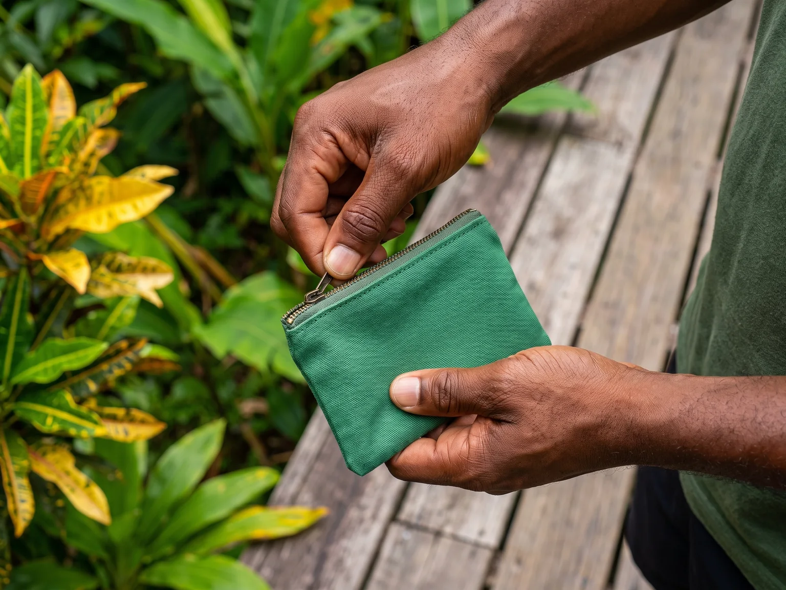 Hands closing a small plain pouch over a wooden deck