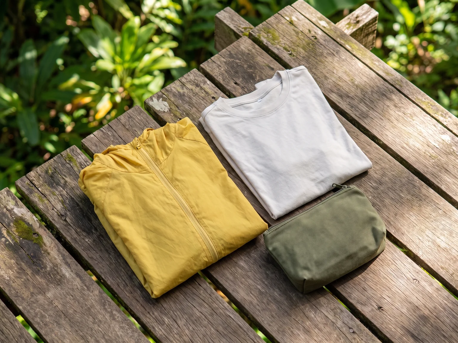 Lightweight rain layer and spare shirt on wooden decking